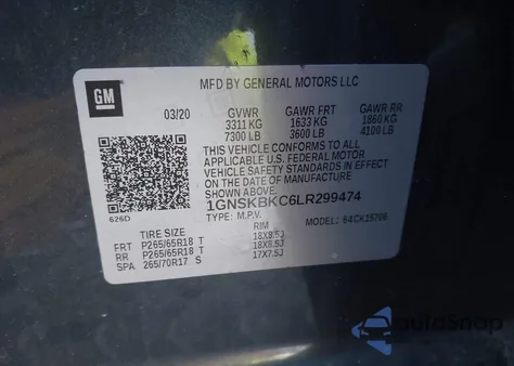 2020 Chevrolet Tahoe 4Wd Lt из США, поврежденный, VIN 1GNSKBKC6LR299474